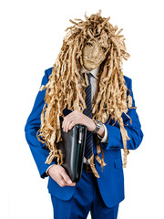 Man in a business blue suit is standing with a folder for documents and in a mask of a goblin