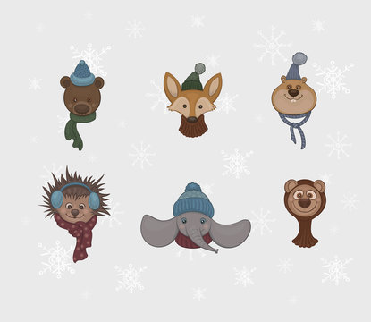 Vector set of cartoon cute animals in warm scarfs and caps on the grey background with white snowflakes.