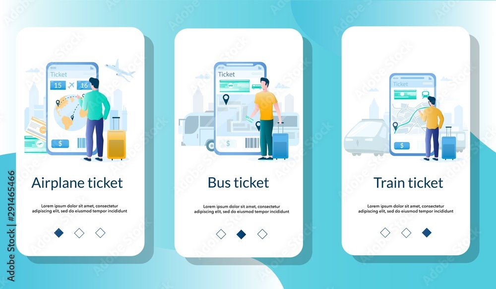 Aufkleber tickets mobile app onboarding screens vector template