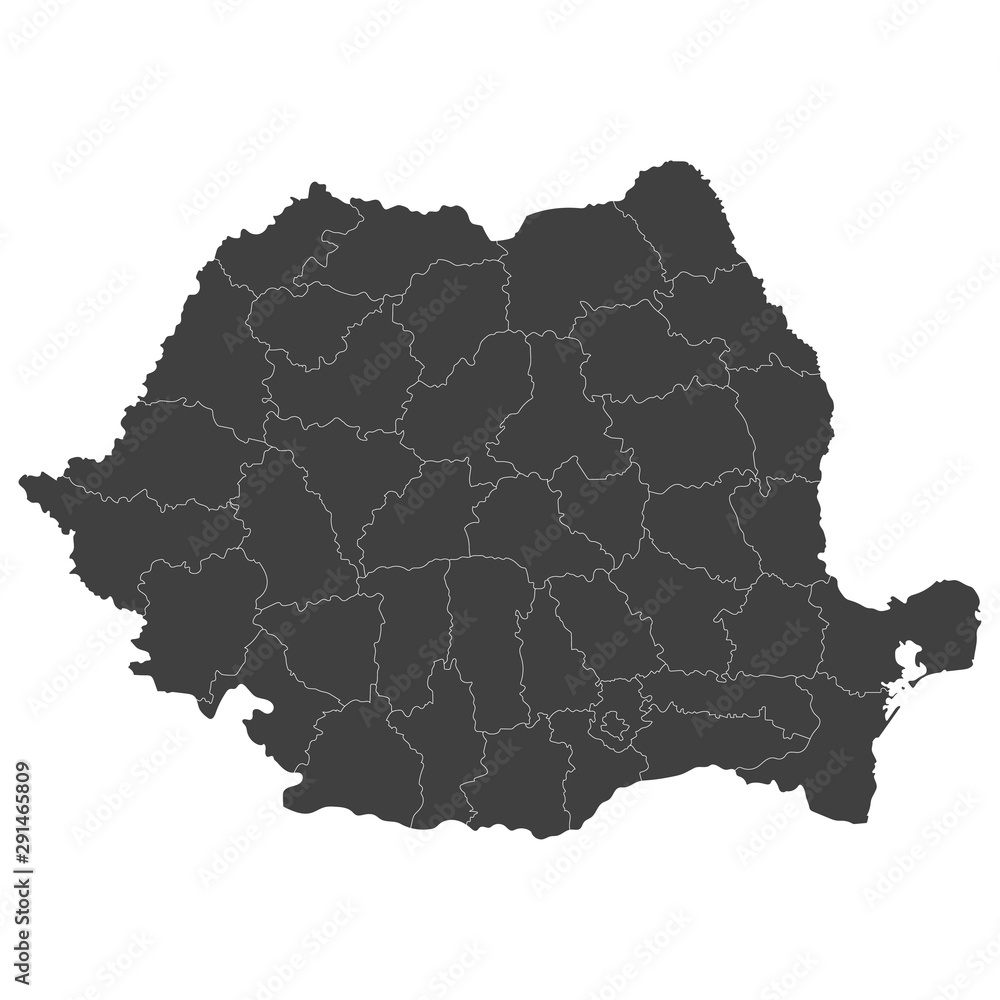 Poster romania map with selected regions in black color on a white background