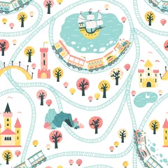  Kingdom seamless pattern. Children's Vector illustration in Scandinavian style with a railway and a train, sea, ship, princess castle. ideal for baby textiles. © Світлана Харчук