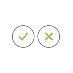 Set of check mark icons. green tick and cross in gray circle. Flat cartoon style.