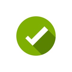 Check Mark. Valid Seal icon. white squared tick with shadow in green circle.