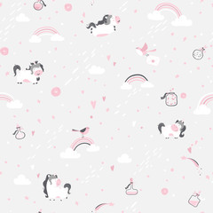 Unicorns in the clouds seamless pattern. Vector magic background in cartoon scandinavian style. Illustration in gray-pink colors on a light background.