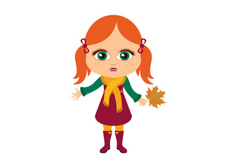 Cute autumn little girl vector. Autumnal little girl vector. Sweet little girl on a white background. Redhead little girl icon. Redheaded autumn girl in rubber boots. Baby girl autumn clothes vector