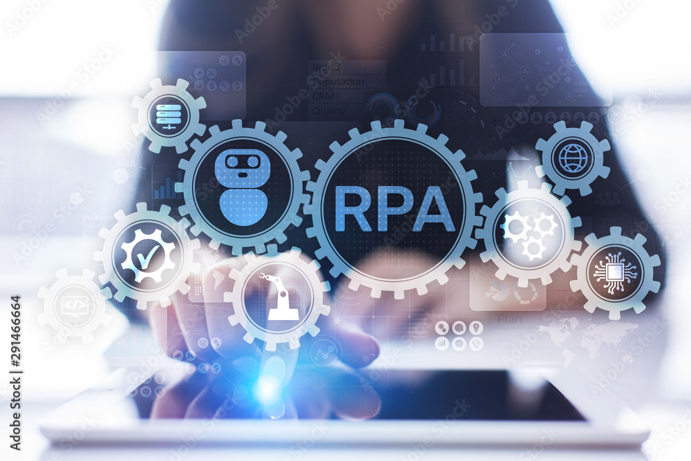 Poster rpa robotic process automation innovation technology concept on virtual screen.