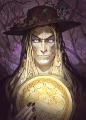 Fantasy portrait illustration of a weird and sinister male shaman with a shiny drum of magic symbols in his hands