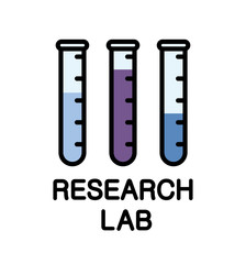 Linear logo on a scientific theme. Vector illstration with test tube in flat style with text Research Lab isolated on white background.
