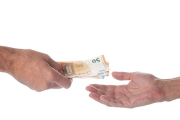 payment and money exchange concept: two man'hands, one giving and one receiving money bills Euro currency isolated on white background with clipping path and copy space for your text