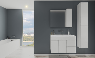Bathroom interior in gray tones. White furniture. Big window. Close-up. 3D rendering