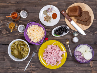 Various ingredients for cooking pizza pie, view from the top