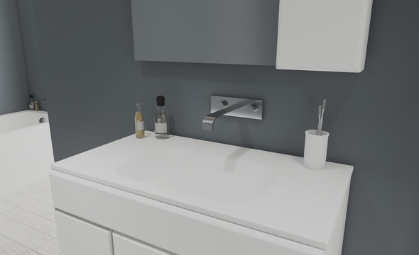 Bathroom interior in gray tones. White furniture. Big window. Close-up. 3D rendering