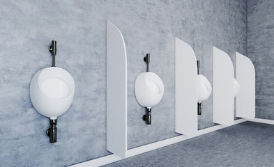 public toilet. urinals with partition against a concrete wall 3D rendering.