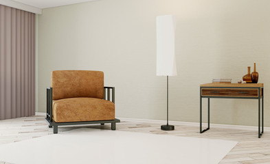 The living room in the style of minimalism. Armchair and nightstand made of metal. Floor lamp on a high leg. Glass vases and large pieces 3D rendering.
