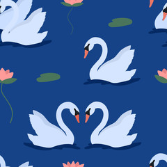 Seamless pattern with white swans and water lily in lake . Wild birds or waterfowl in pond with lotus flower. Hand drawn vector illustration for print.