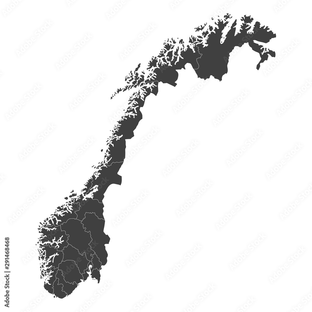 Poster norway map with selected regions in black color on a white background