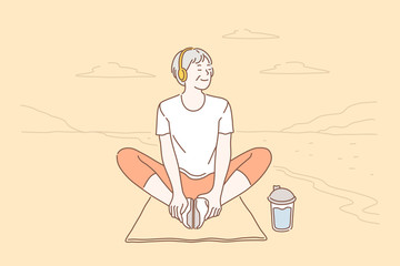 Elderly, relaxation, lifestyle, health concept. Happy elderly woman enjoys the peace of doing yoga in nature. Senior lady smiling doing exercises and listening to music. Simple flat vector.