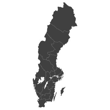 Sweden map with selected regions in black color on a white background