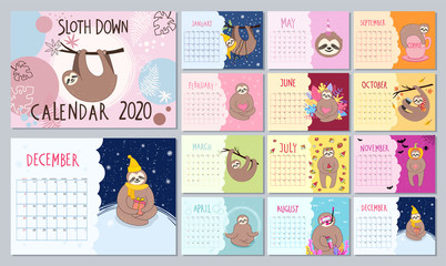 Monthly new year 2020 calendar with cute sloth characters in cartoon style © Iryna