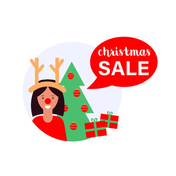 Christmas sale banner with photo booth, christmas tree and presents. Xmas discount, sale. Vector illustration for sticker banner card marketing design.