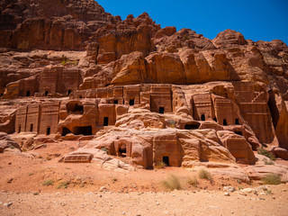 Facade of a temple built into sandstone in the historic city of Petra, Jordan
