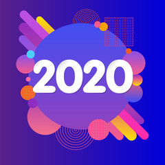 2020 Happy New Year abstract futuristic logo design. Vector illustration with holiday colored label isolated on violet background. Xmas card, Christmas sale banner or class of 2020 graduates poster