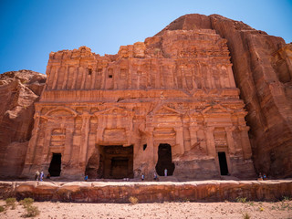Facade of a temple built into sandstone in the historic city of Petra, Jordan