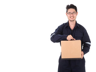 Asian Delivery Person or  postman with parcel box in blue Suit. Postal delivery service. White Background. ISOLATED COPY SPACE .