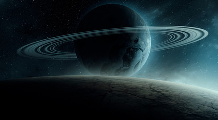 surreal space 3d illustration, planet with rings rising over horizon (no NASA images used) © andreiuc88