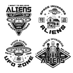 Set of vector aliens and ufo emblems and badges