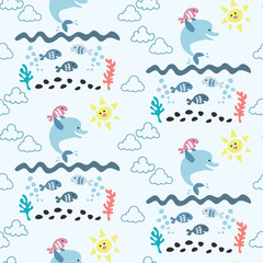 seamless repeat pattern with dolphins and fishes