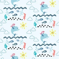 Printed kitchen splashbacks Sea animals seamless repeat pattern with dolphins and fishes