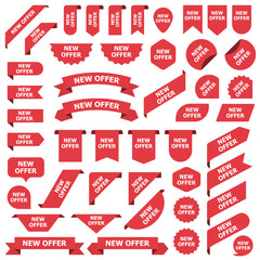 Big set of red stickers new offer tags, labels and banners