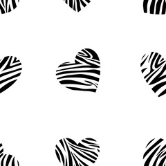 Fototapeta na wymiar Seamless pattern of heart shape with animal skin in black and white, Zebra skin, Wild animals print in for textile or wall paper