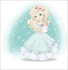 Fototapety  little princess blonde in blue dress with gift