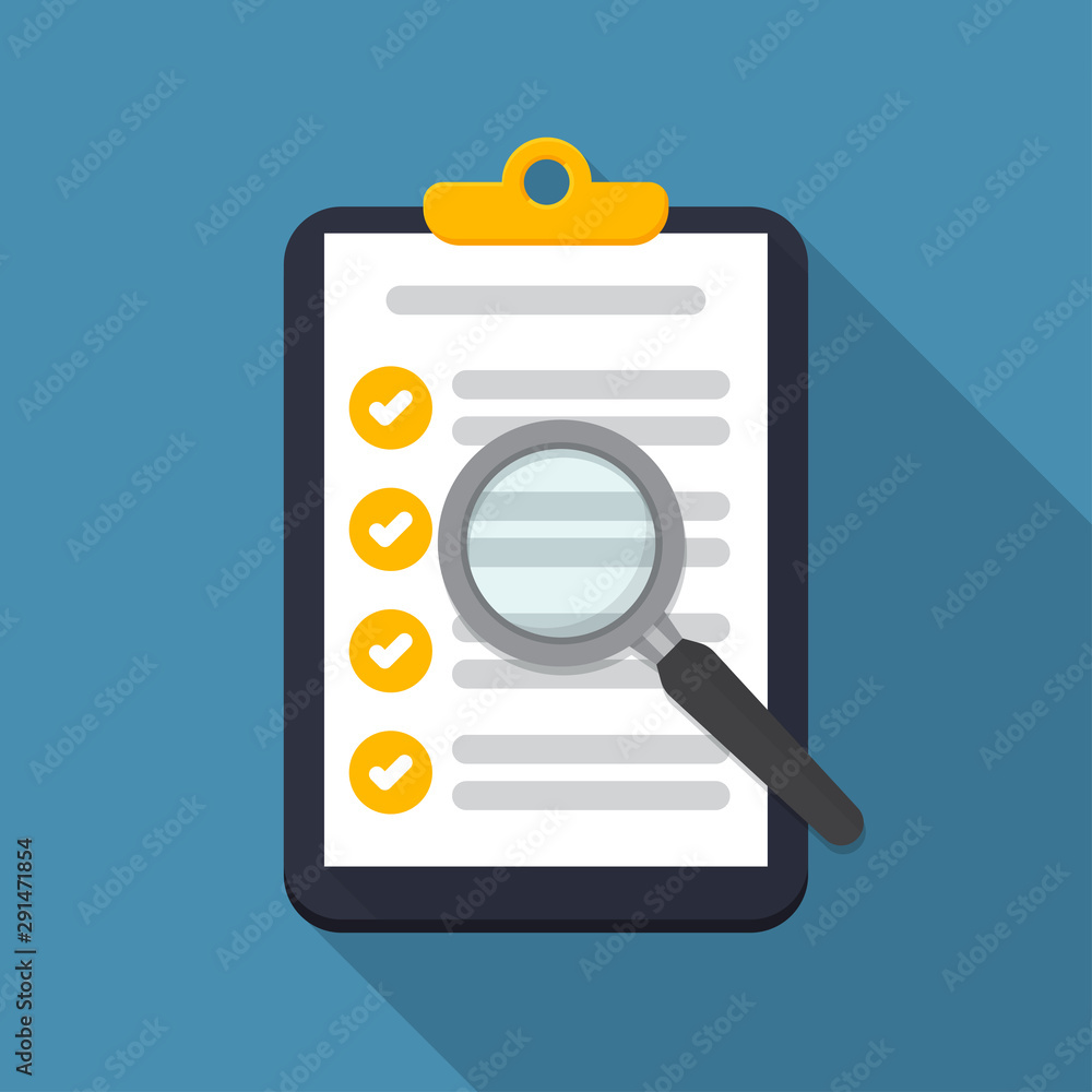 Aufkleber audit concept with checklist and magnifier glass in a flat design with long shadow