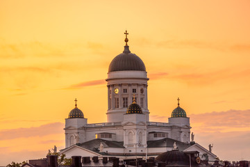 Ariel panoramic view of Helsinki at sunset with a Cathedral church , Finland