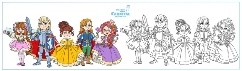 Children in carnival costumes of the fairy,prince, princess and knight color and outlined for coloring page © Azuzl