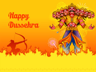 illustration of Lord Rama killing Ravana in Dussehra Navratri festival of India poster