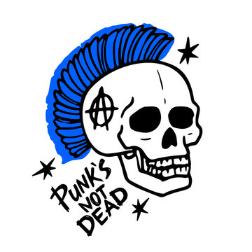 Punk rock music. Punks not dead words and mohawk skull. vector illustration on white background.