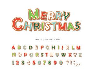 Christmas Gingerbread Cookie font. Hand drawn cartoon colorful alphabet for holidays. Biscuit letters and numbers. Vector