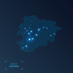 Andorra map with cities. Luminous dots - neon lights on dark background. Vector illustration.