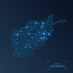 Afghanistan map with cities. Luminous dots - neon lights on dark background. Vector illustration.