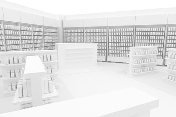 3D Illustration Rendering. Clean Pharmacy views on white backgorund for presentation and mockup blueprints. Architectural visualization of Modern interior design store.. Front view