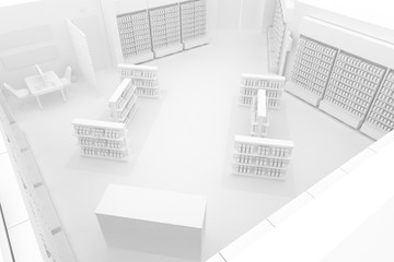 3D Illustration Rendering. Clean Pharmacy views on white backgorund for presentation and mockup blueprints. Architectural visualization of Modern interior design store. Top View 01