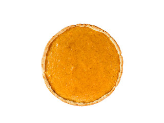 American pumpkin pie homemade isolated on white background top view. Cream orange dessert