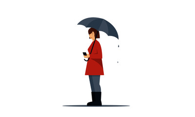 Girl under rain vector illustration. Flat female character - young woman wearing red raincoat and rubber boots, holding umbrella and cell phone, standing under rain. Autumn, fall, season concept.