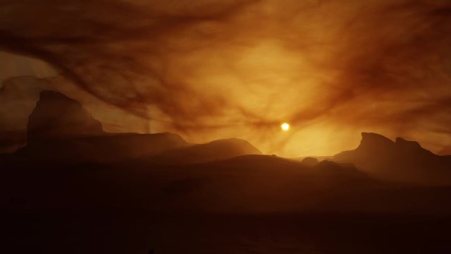 sunset timelapse on mars surface during sand storm, realistic cinematic animation of red planet landscape, can be reversed for sunrise, futuristic desert dead planet with sand and rocks