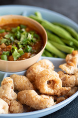 Northern Thai food, crispy pork and boiled vegetable appetizer dish
