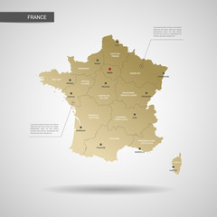 Stylized vector France map.  Infographic 3d gold map illustration with cities, borders, capital, administrative divisions and pointer marks, shadow; gradient background. 